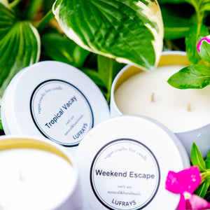 White travel tin soy candle with two wicks