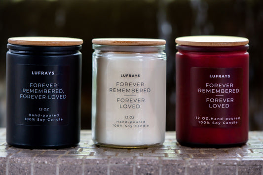 Memorial candles in 12 oz red, clear or black glass jars