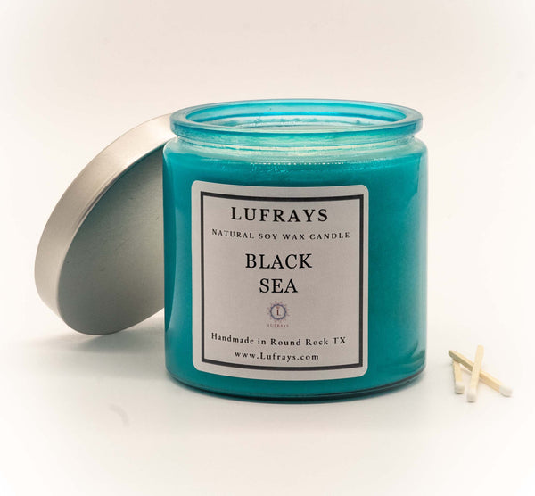 Two-wick soy candle in turquoise jar with silver lid.  Black Sea Fragrance