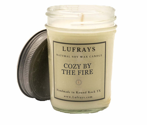 Handmade Cozy by the Fire Soy Wax Candle in jelly jar with pewter lid