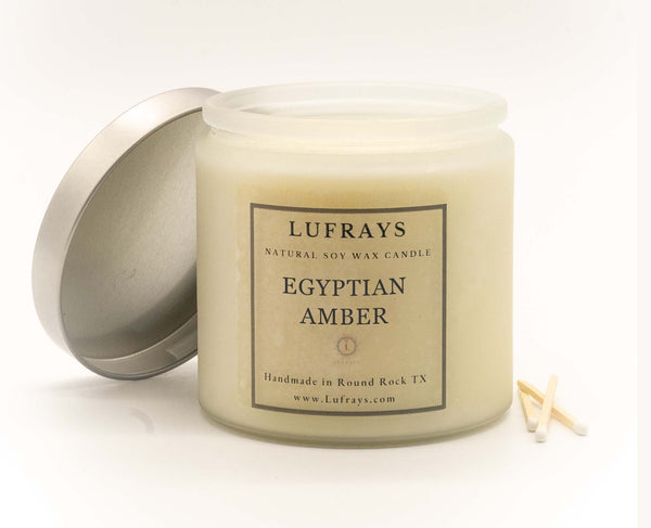 Two wick handmade soy candle in frosted jar and silver lid. In Egyptian Amber fragrance.