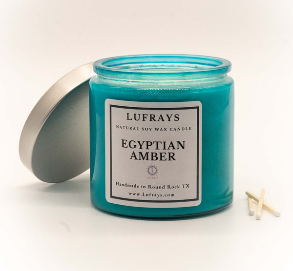 Two wick handmade soy candle in turquoise jar and silver lid.  In Egyptian Amber fragrance.