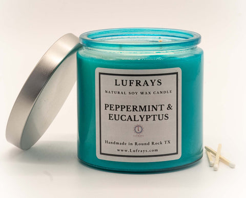 Peppermint and Eucalyptus two wick handmade soy candle in turquoise jar with silver lid.