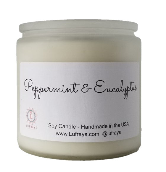 Luxury scented soy candle Peppermint Eucalyptus in frosted white jar