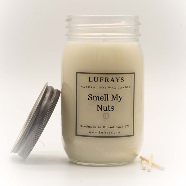 Smell My Nuts handmade soy candle in 16oz mason jar with pewter lid.