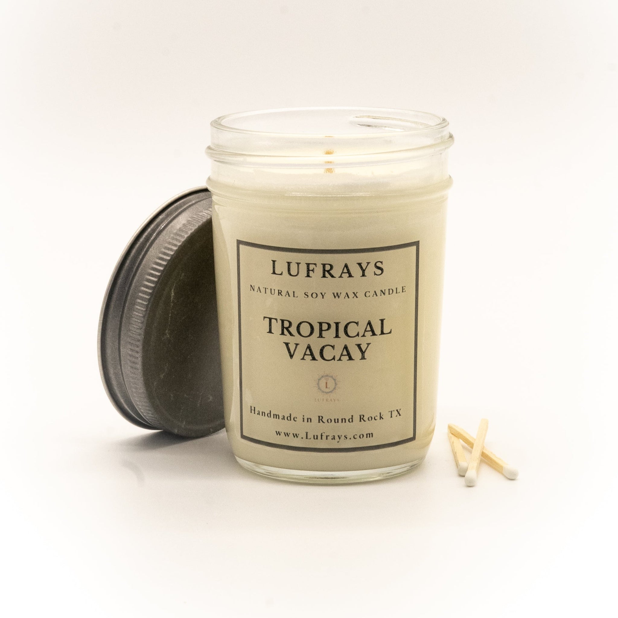 Handmade Tropical Vacay soy candle in mason jelly jar with pewter lid nontoxic 