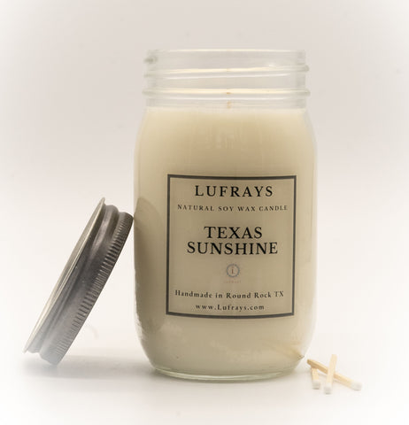 Handmade soy candle in 16oz mason jar with pewter lid. Texas Sunshine fragrance.